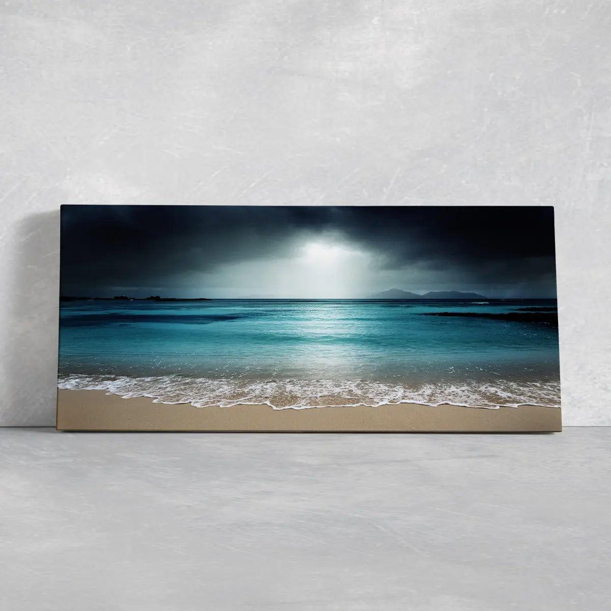 Coastal canvas prints featuring a peaceful, stormy ocean landscape.