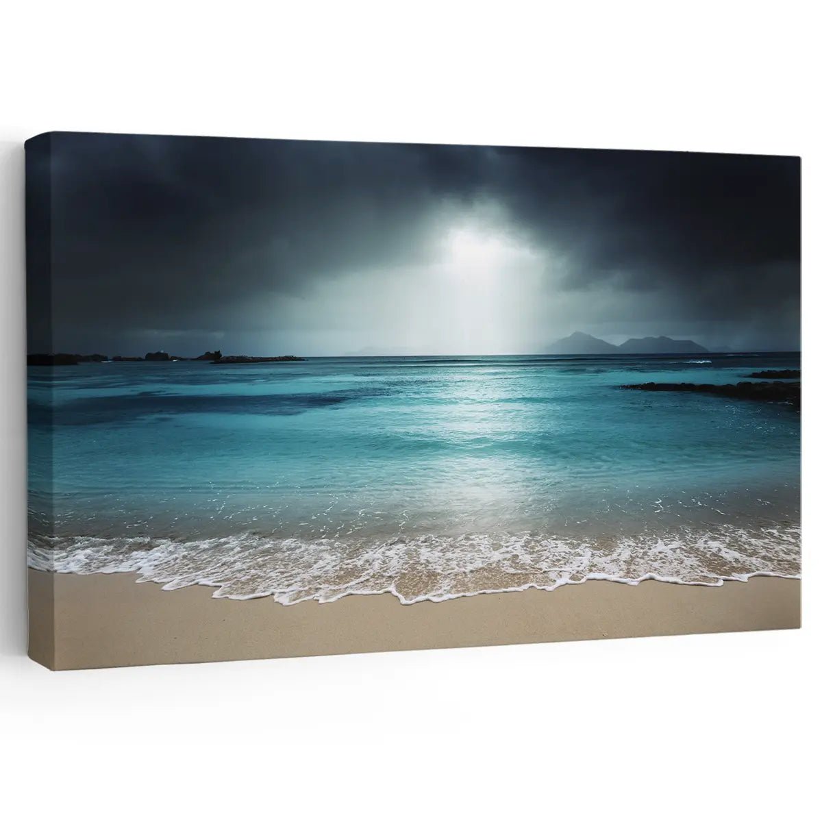 Coastal beach wall art featuring a moody ocean seascape under stormy skies.