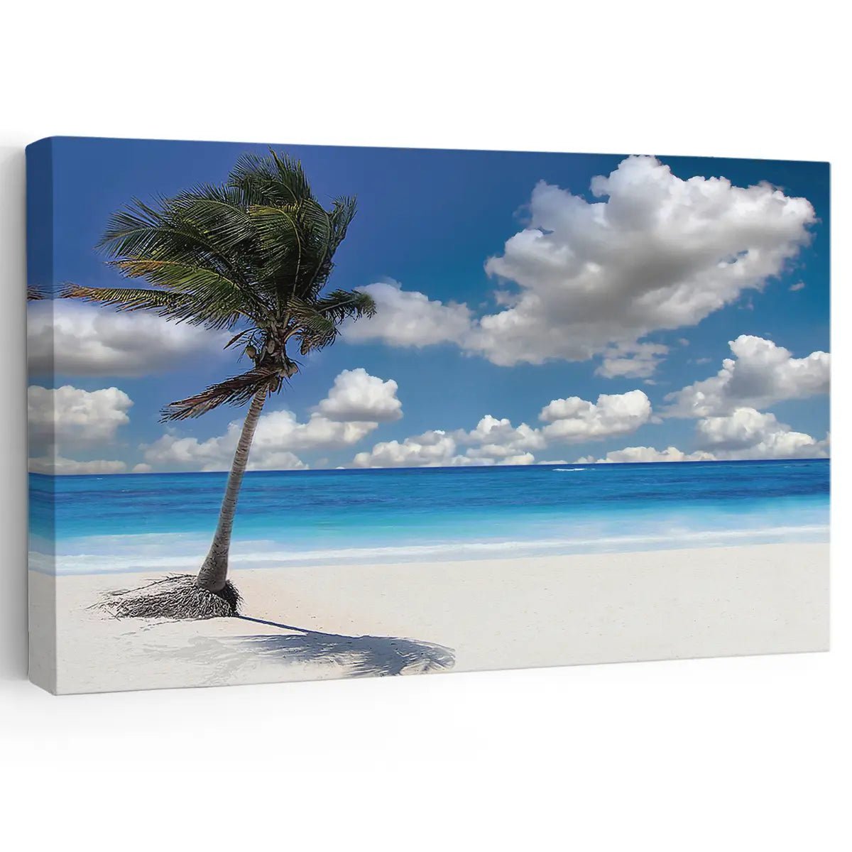 Coastal beach wall art featuring a palm tree on white sand with ocean waves.