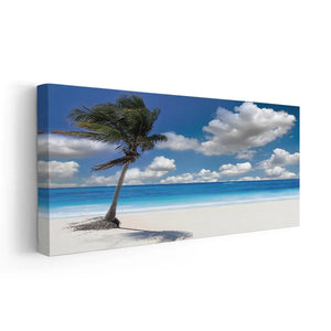 Beach-themed canvas art with a palm tree and clear blue sky.