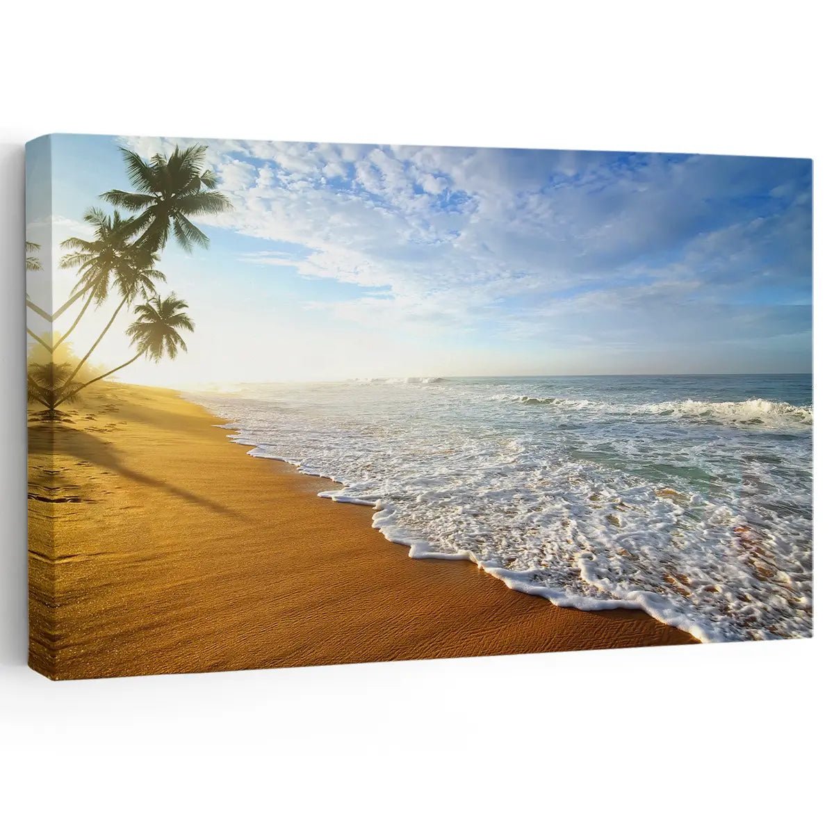 Beach canvas wall art featuring golden sand and palm trees.