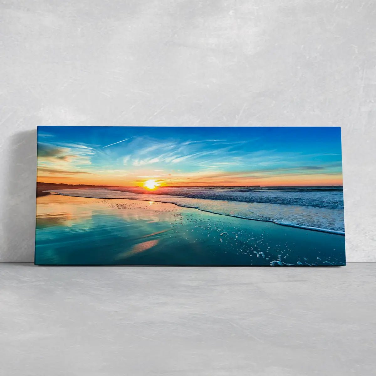 Framed beach wall art with a calming beach theme, ideal for beach-themed office decor