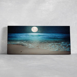 Coastal canvas prints of the moon reflecting on ocean waves, perfect for creating a relaxing nautical aesthetic.