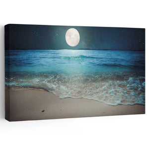 Coastal beach wall art featuring a full moon over ocean waves, perfect for a serene and relaxing coastal home decor.