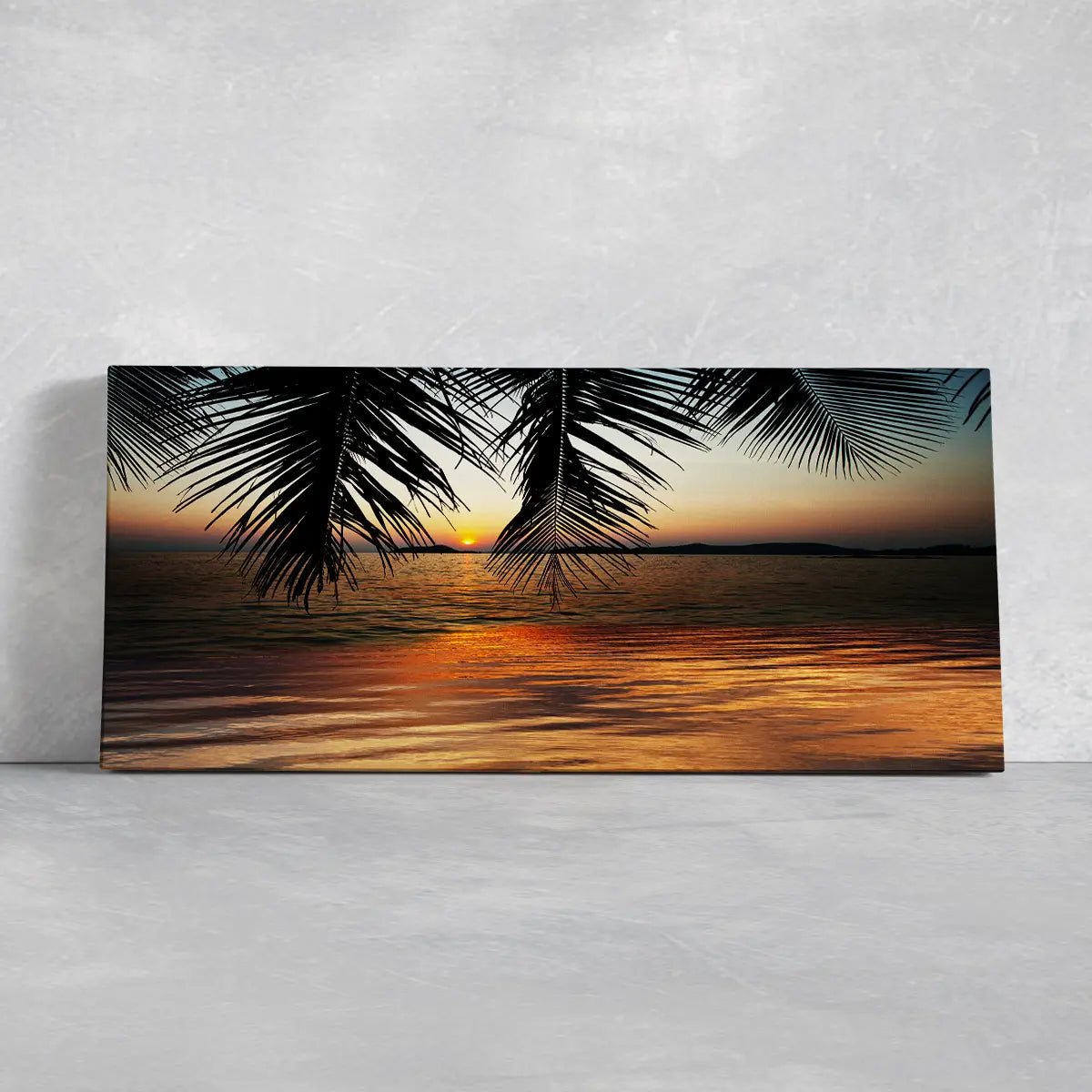 Coastal abstract artwork featuring silhouetted palm trees.