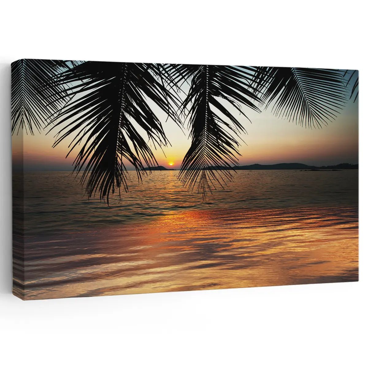 Sunset beach artwork featuring a tropical ocean view at dusk.