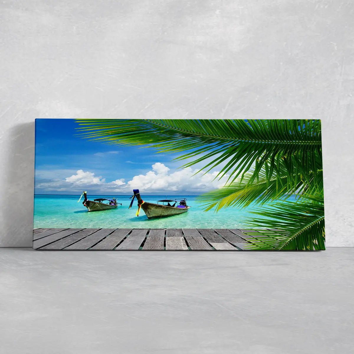 Serene beach sunset painting with boats on crystal-clear waters, perfect for warm decor.