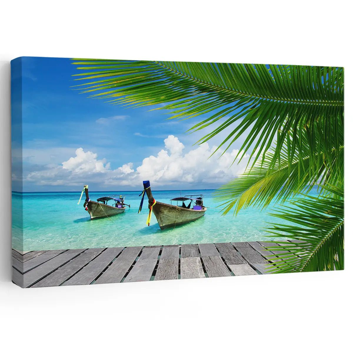 Coastal beach wall art featuring wooden boats on turquoise waters, perfect for ocean lovers.