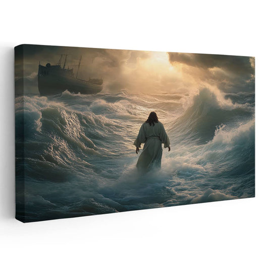 Jesus walking on water painting, religious canvas wall art, framed Christian artwork.