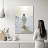 biblical art print of jesus walking on water displayed in a kitchen, with a woman looking up, enhancing the space with inspiration and Christian kitchen decor.