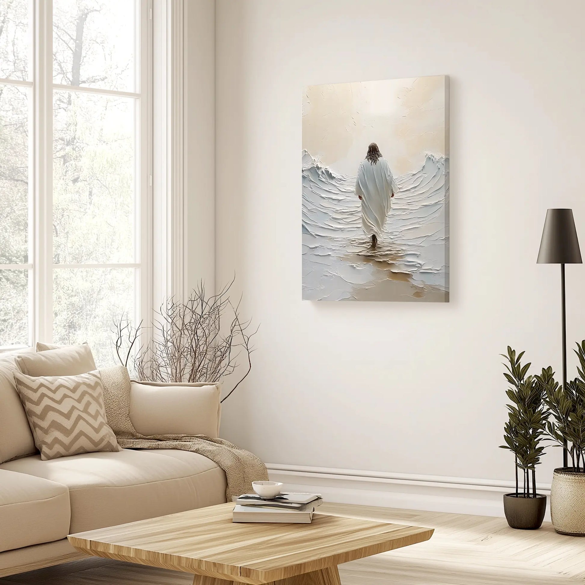 modern christan painting of Jesus walking on water hanging in a cozy living room, inspiring warmth and faith in the space with elegant decor.