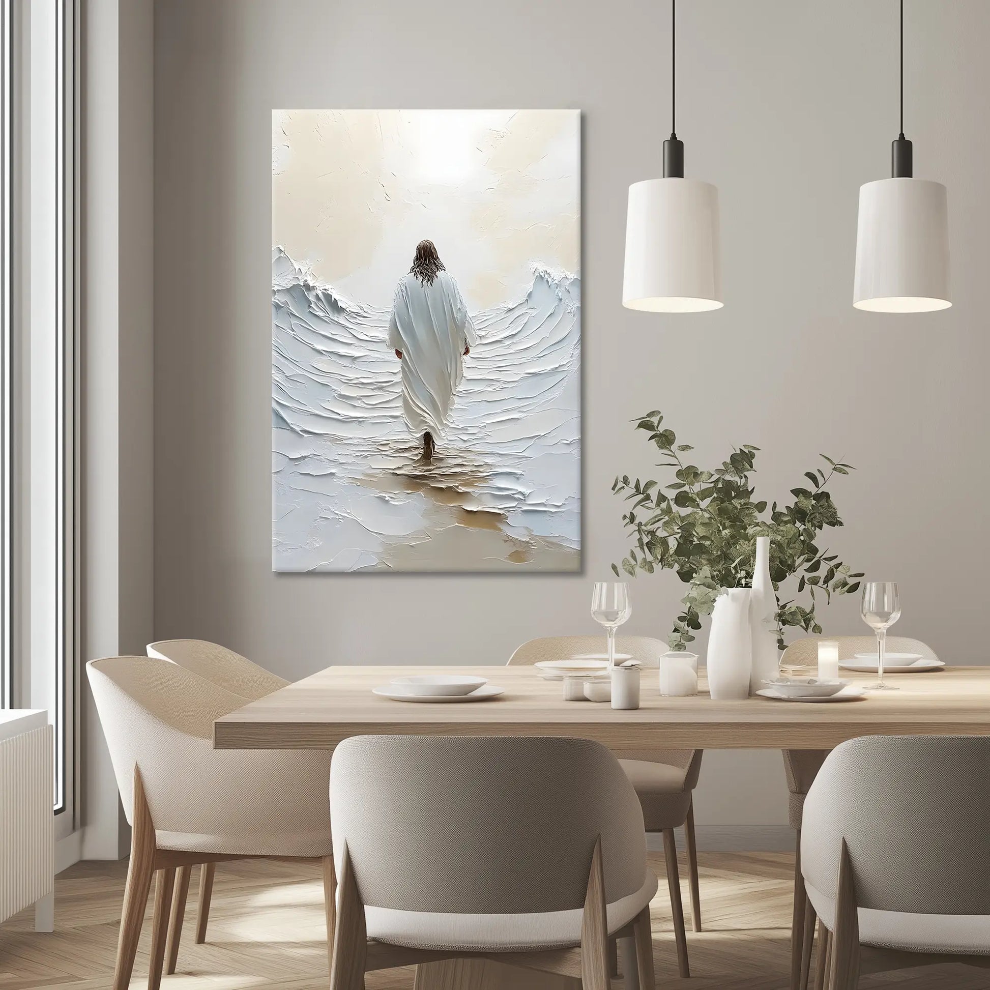 contemporary christian wall art of Jesus christ walking on water in a minimalist modern dining room, complementing the neutral color palette with inspirational decor.