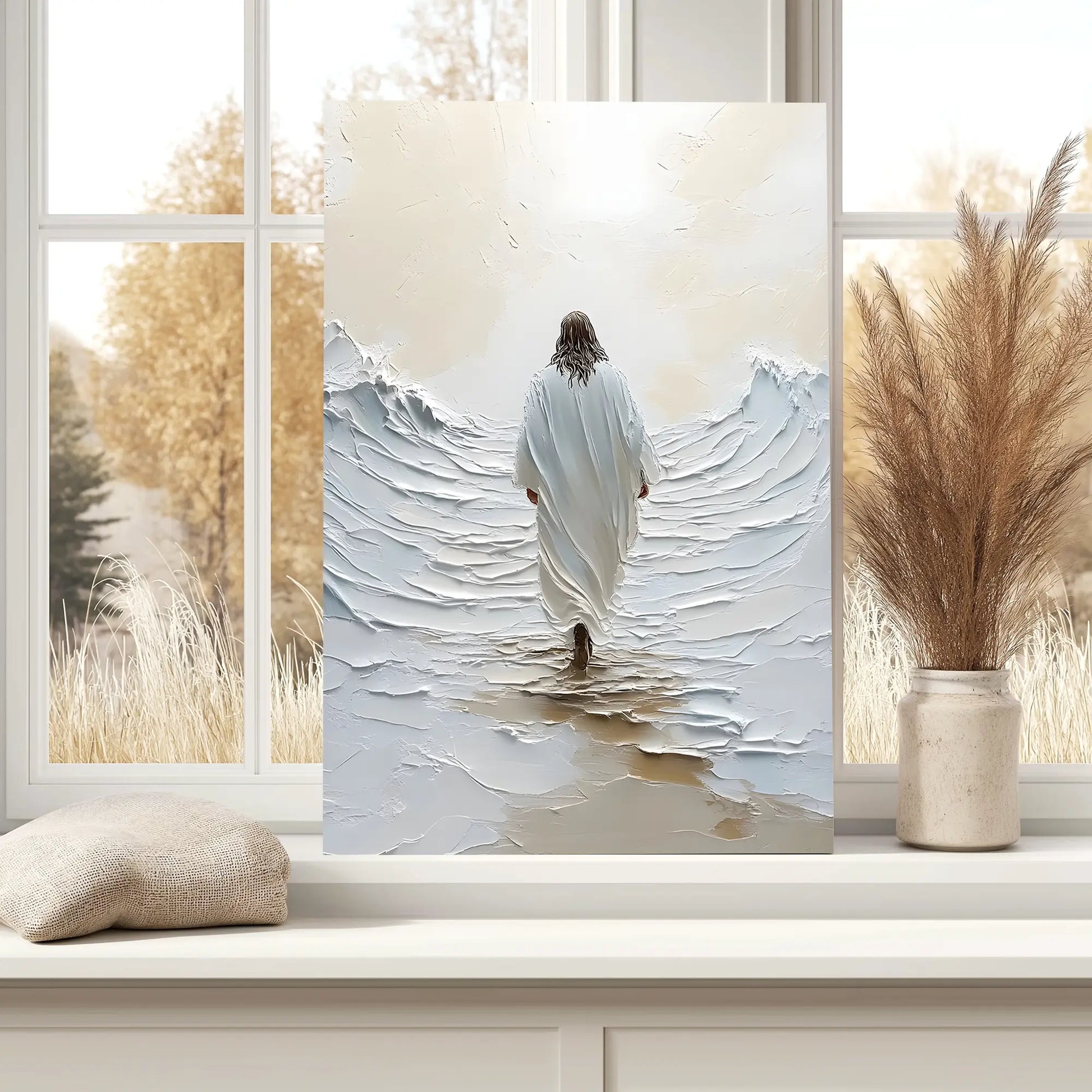 religious wall painting of Jesus walks on water leaned against a bedroom window, bringing inspiration and tranquility to the home decor.