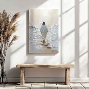 christian artwork of the savior walking on water canvas wall art hung above a rustic bench, enhancing the minimalist Christian decor