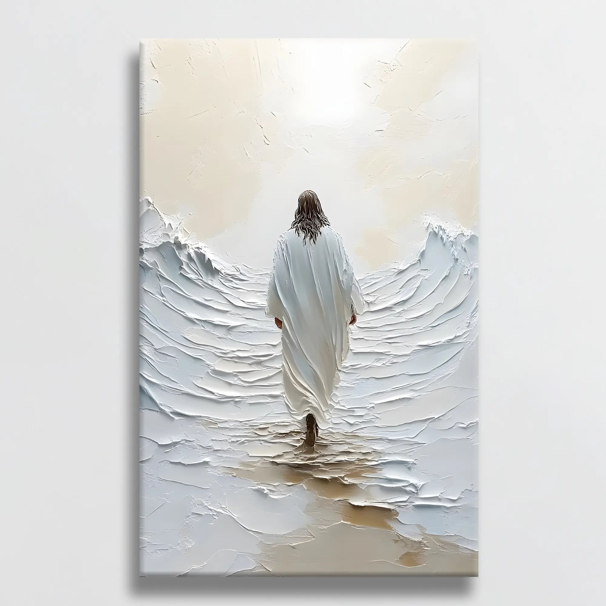 contemporary christian wall art featuring Jesus walking on water hung on a white wall, adding a touch of faith and serenity to the room