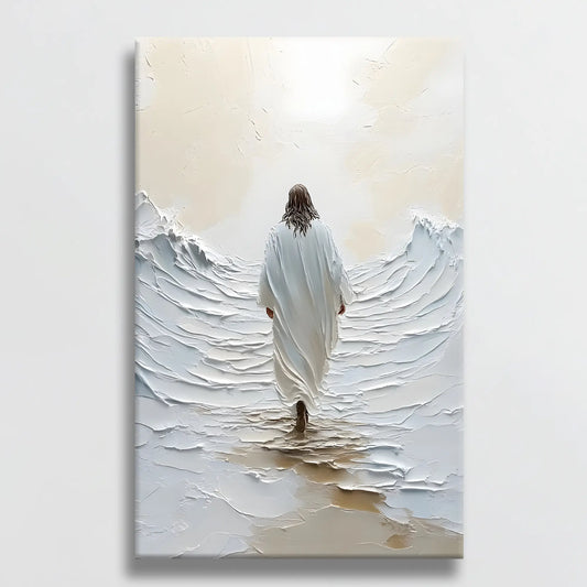 contemporary christian wall art featuring Jesus walking on water canvas wall art  hung on a white wall, adding a touch of faith and serenity to the room