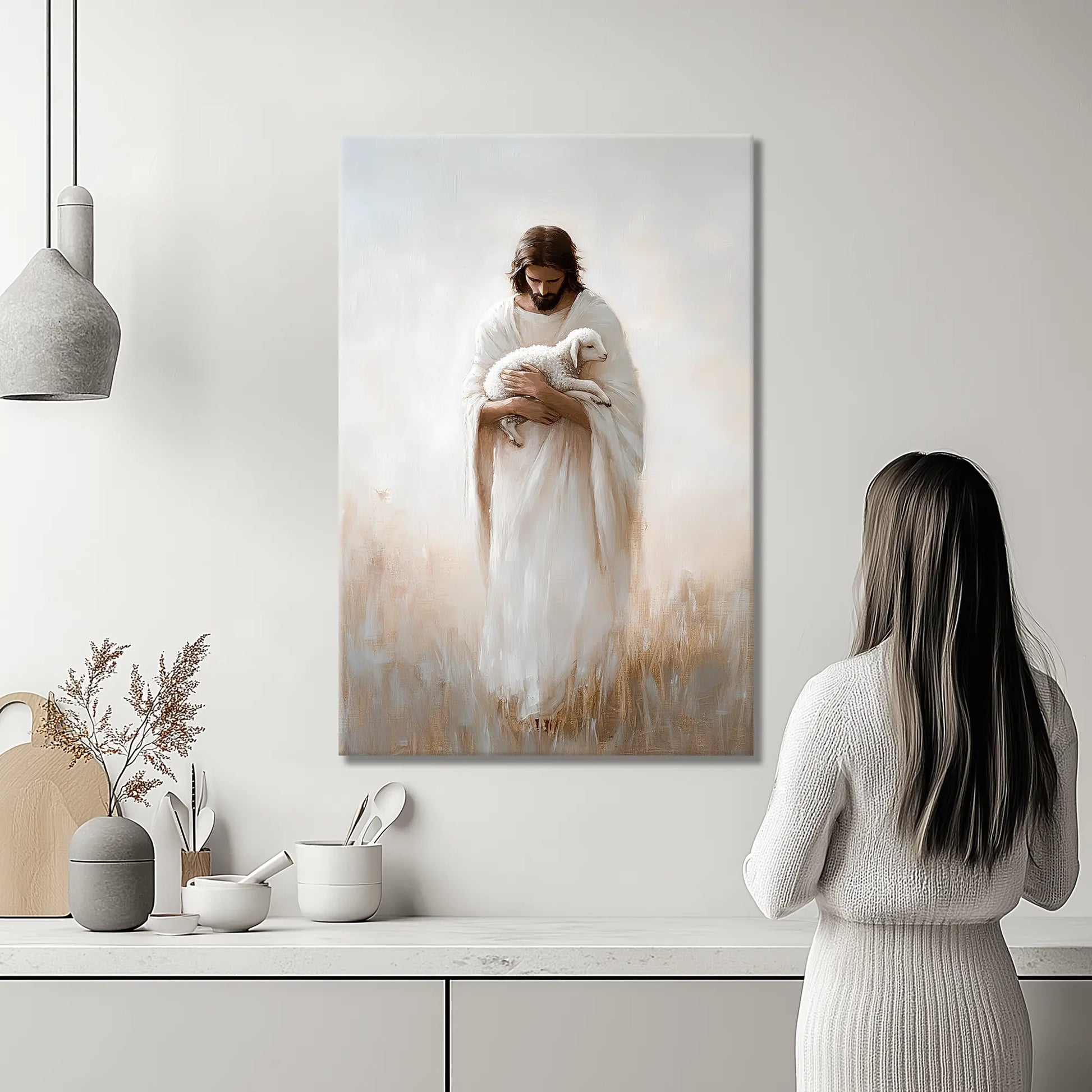 Christian art print of Jesus with a lamb displayed in a kitchen, creating a serene environment and inspiring faith-filled moments.