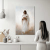 Christian art print of Jesus with a lamb displayed in a kitchen, creating a serene environment and inspiring faith-filled moments.