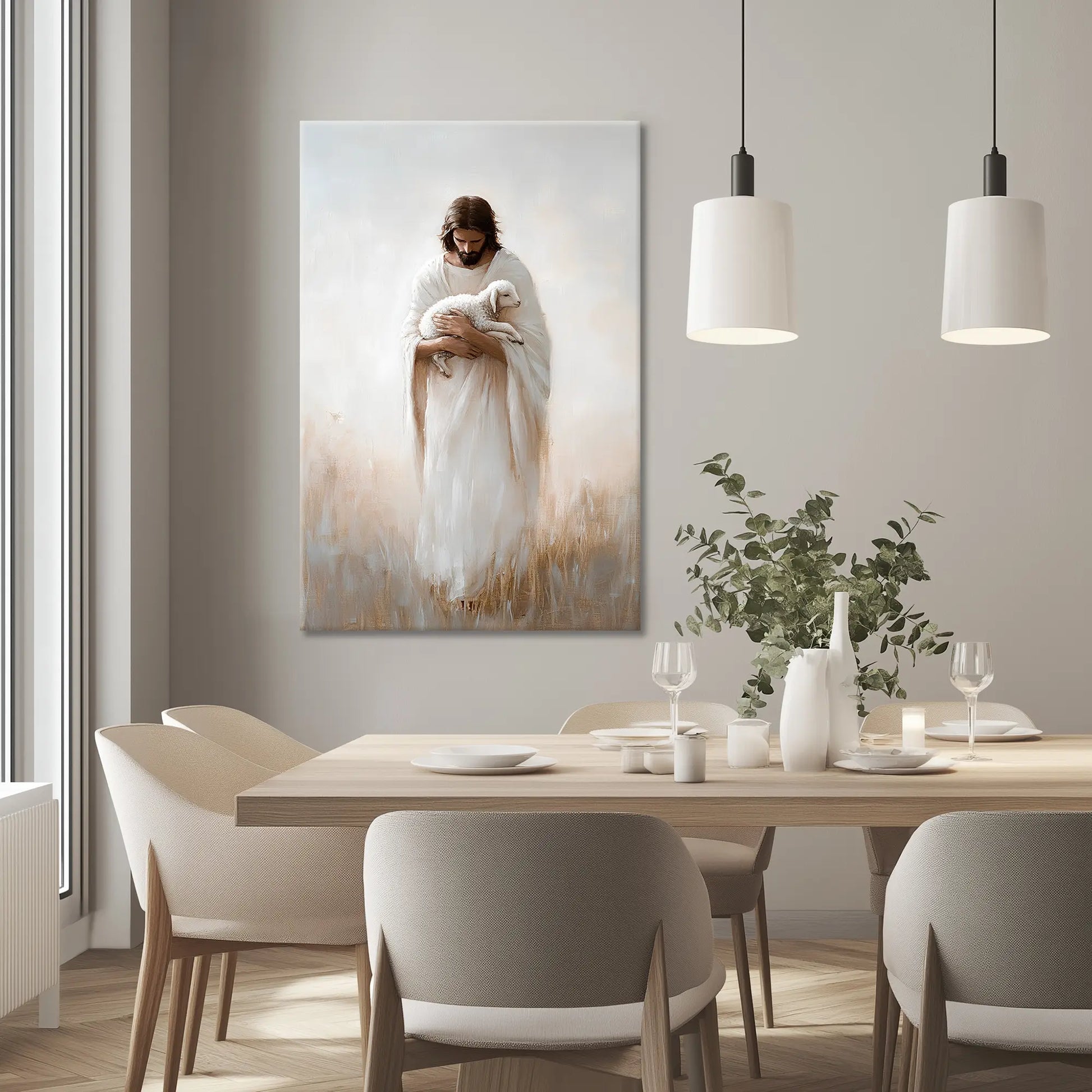 Vertical Christian wall art featuring Jesus and the Lamb of God in a contemporary dining room, complementing the decor beautifully