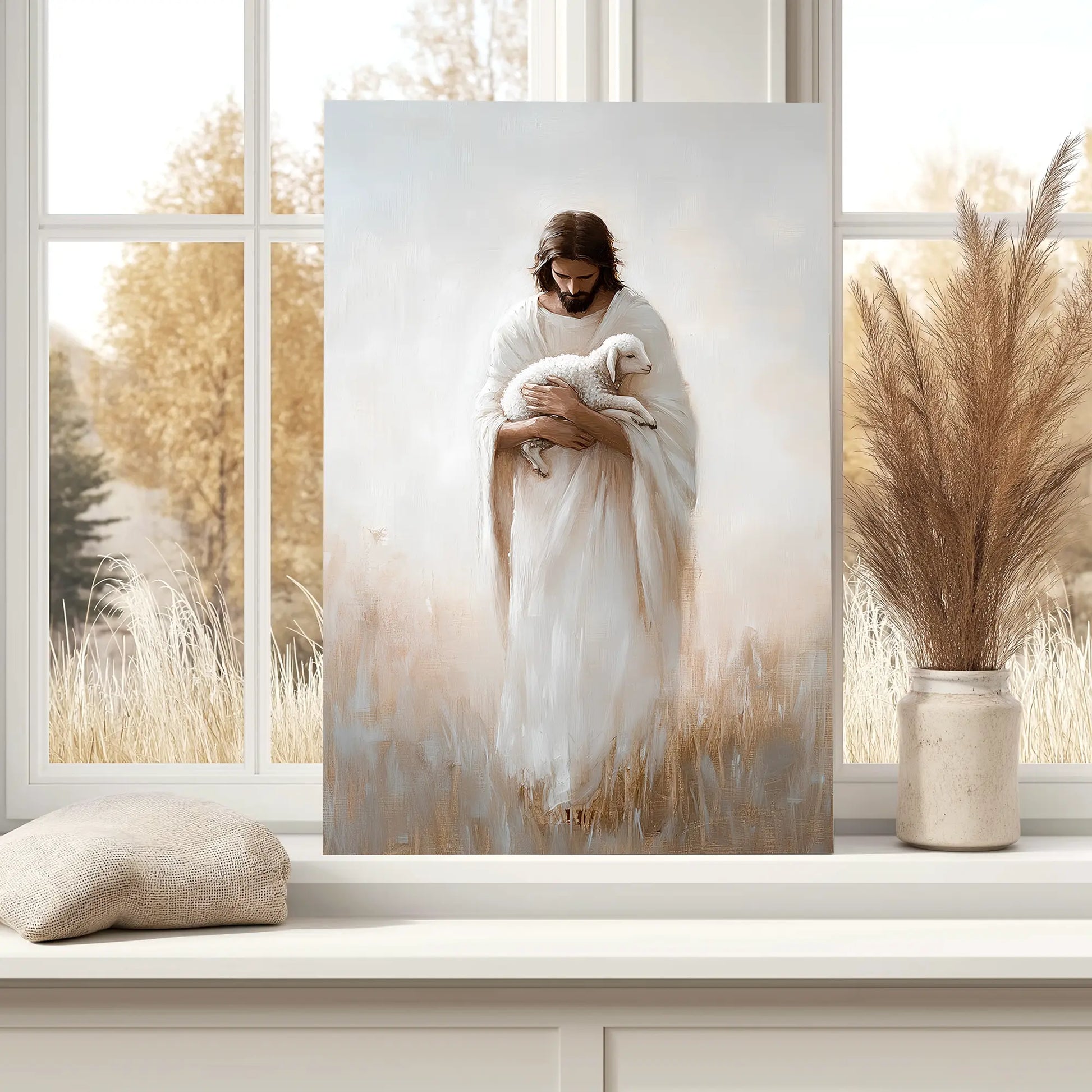 Biblical art print of Jesus and the Lamb of God leaned against a bedroom window, inviting inspiration and tranquility into the home.