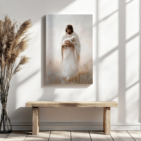 Art print of Jesus with a lamb positioned above a rustic bench, adding a meaningful touch to the minimalist Christian decor.