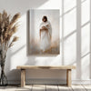 Art print of Jesus with a lamb positioned above a rustic bench, adding a meaningful touch to the minimalist Christian decor.