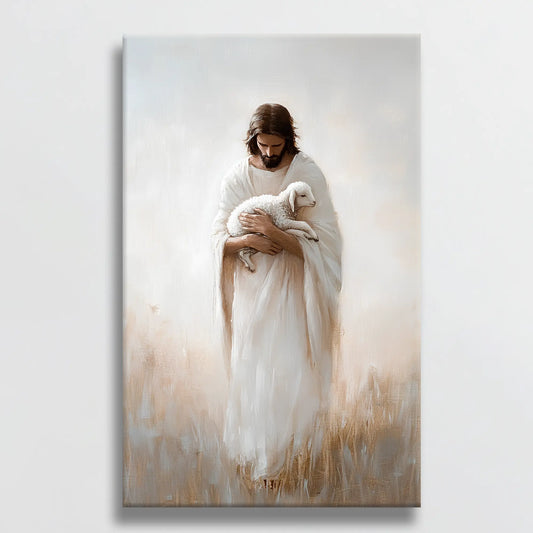 Christian wall decor featuring Jesus with the lamb hung on a white wall, enriching the room with faith and a sense of peace.