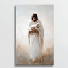 Christian wall decor featuring Jesus with the lamb hung on a white wall, enriching the room with faith and a sense of peace.