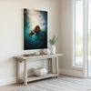 Modern Christian art of Jesus reaching into the water in a minimalist entryway above a neutral console table, enhancing the welcoming ambiance.