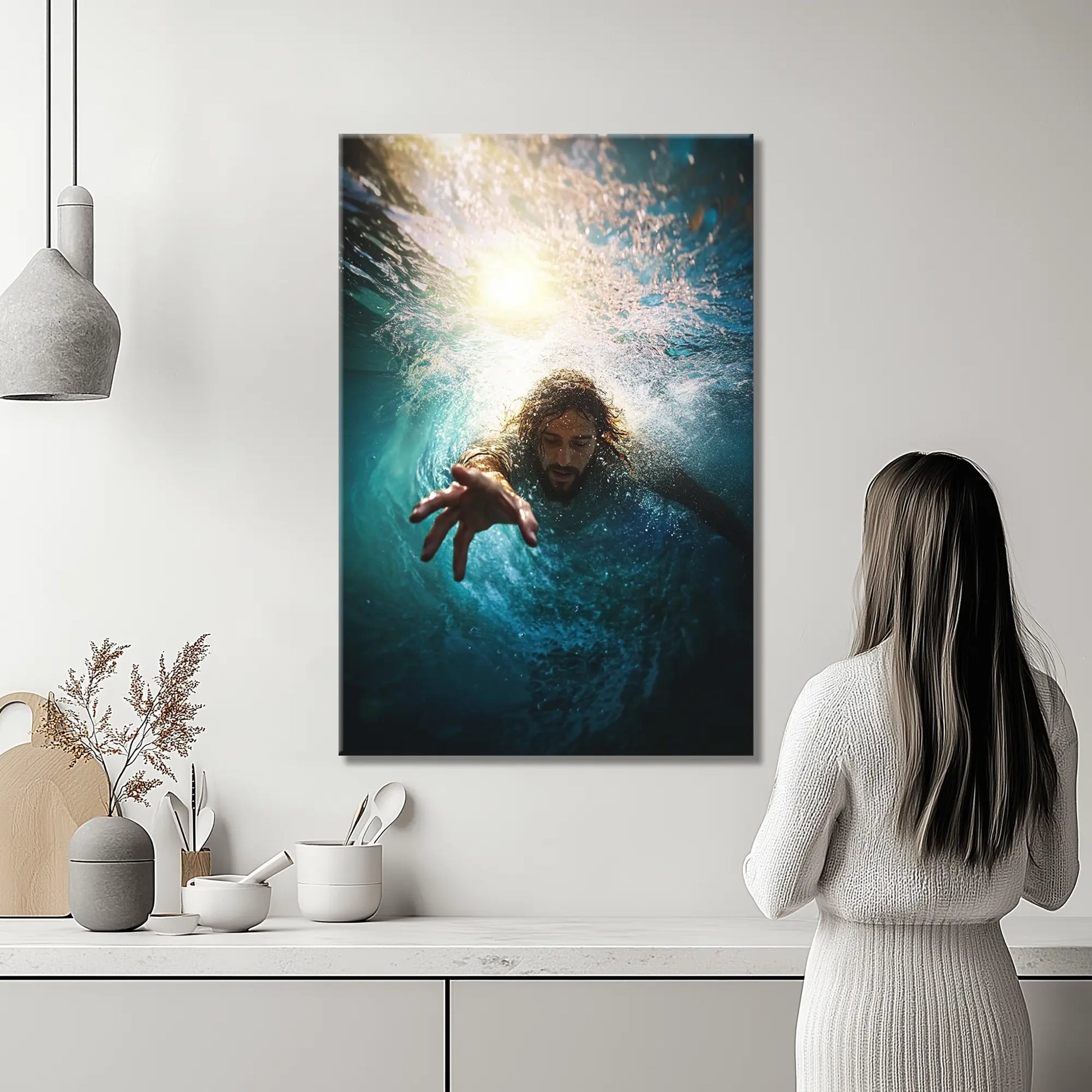 Christian art print of Jesus reaching for Peter displayed in a kitchen, with a woman looking up, enhancing the space with inspiration and Christian kitchen decor.