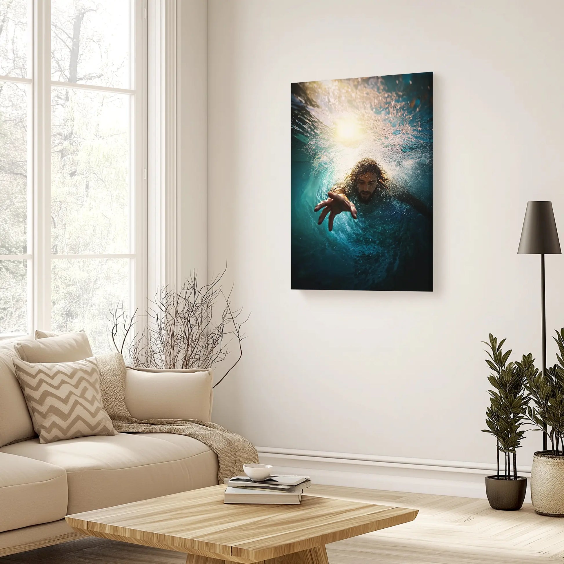 Religious Art Print of Jesus reaching for Peter hanging in a cozy living room, inspiring warmth and faith in the space with elegant decor.