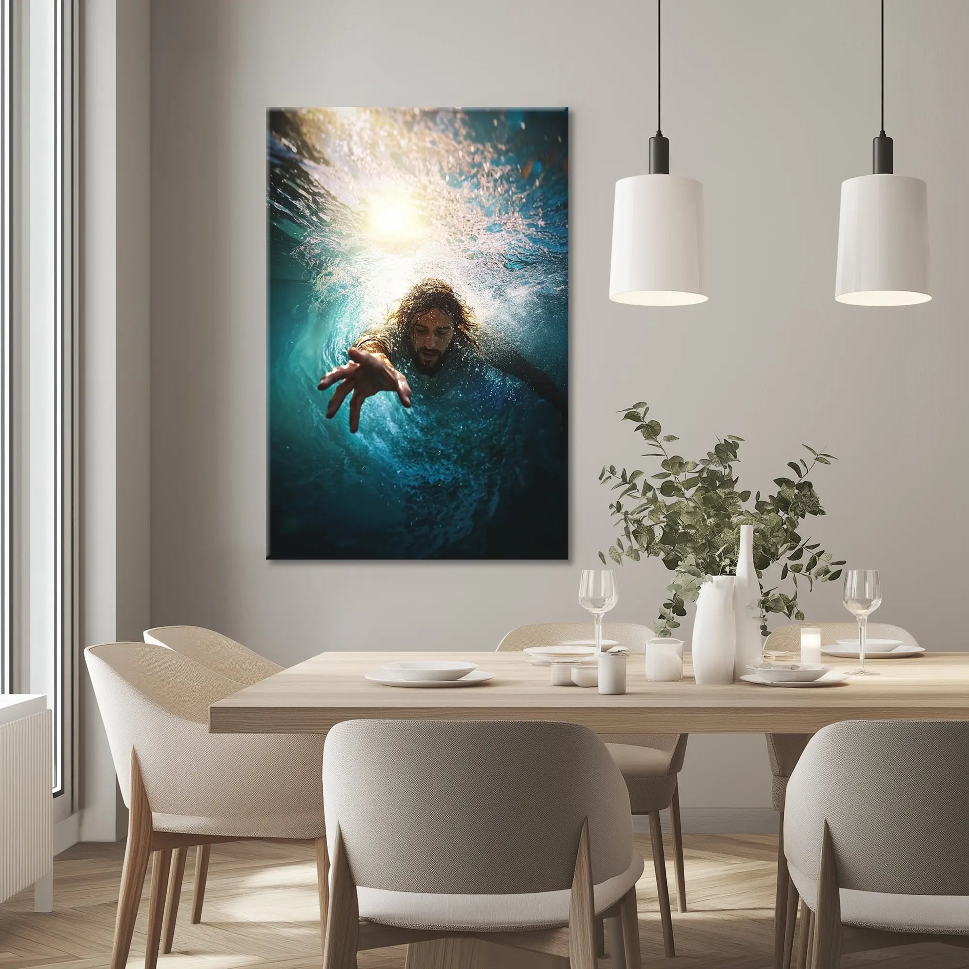 Vertical Christian wall art of Jesus reaching for Peter in a minimalist modern dining room, complementing the neutral color palette with inspirational decor.