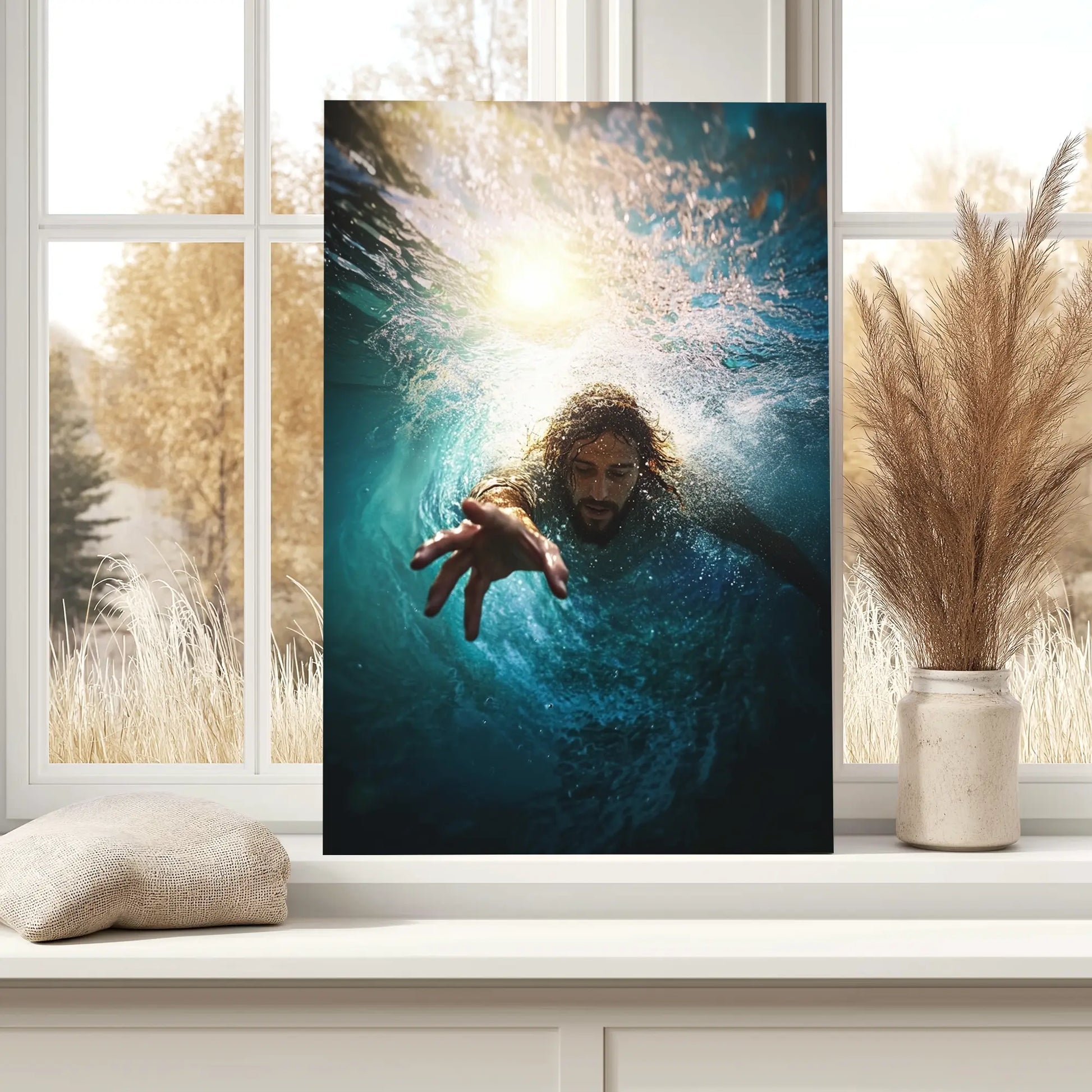 Biblical art print of Jesus reaching for Peter leaned against a bedroom window, bringing inspiration and tranquility to the home decor.