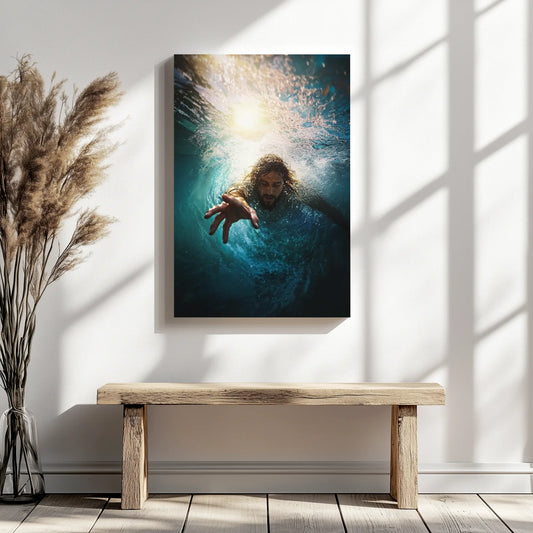 Christian art print of Jesus reaching into the water hung above a rustic bench, enhancing the minimalist Christian decor.