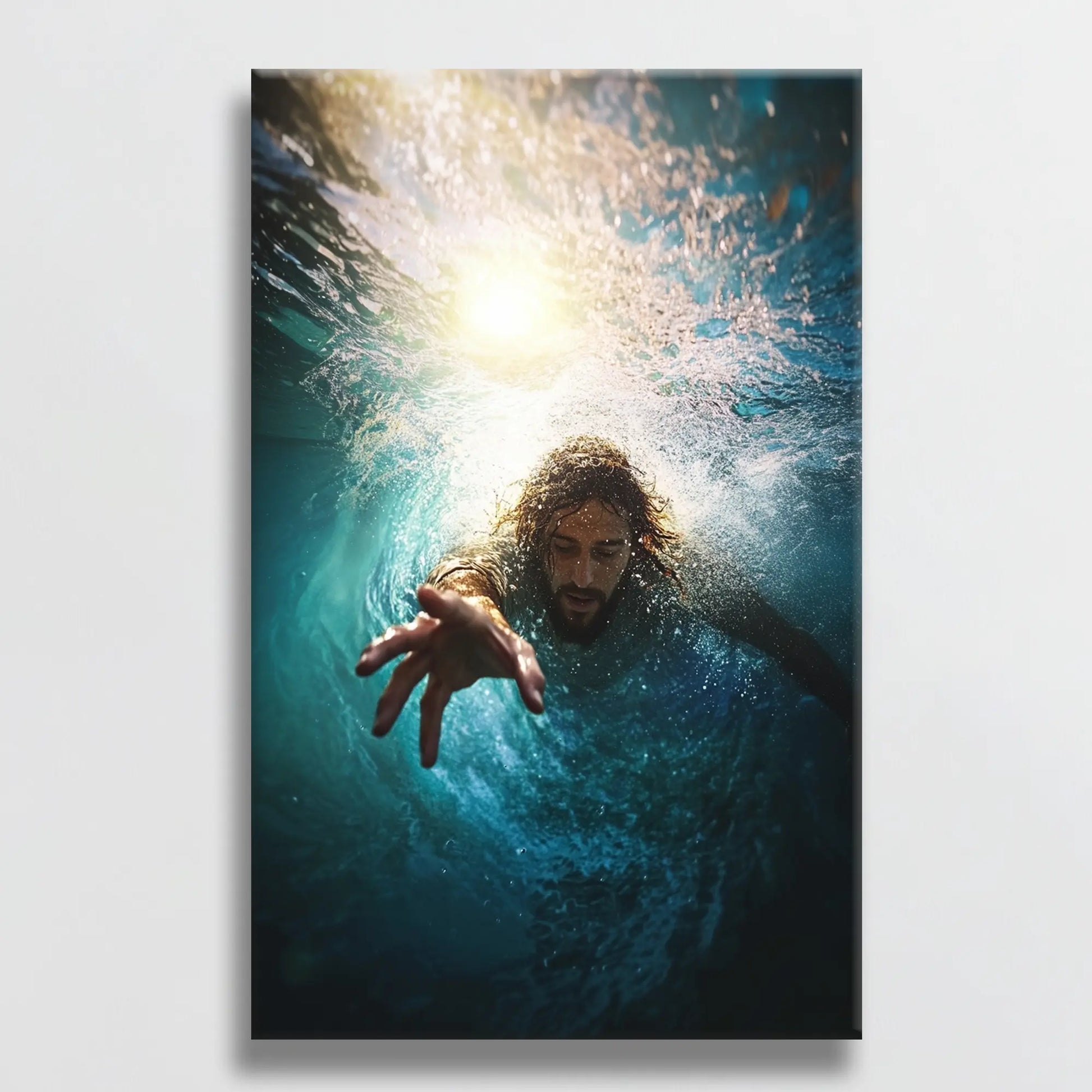 Christian wall decor featuring Jesus reaching into the water hung on a white wall, adding a touch of faith and serenity to the room.