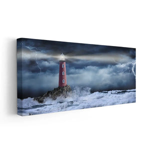 Beach and nautical decor featuring a lighthouse in a raging sea.