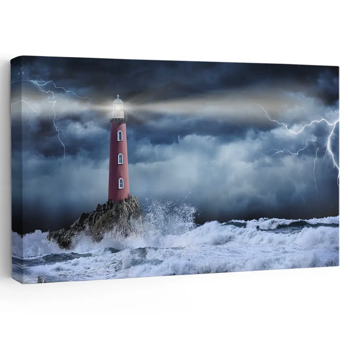 Large ocean lighthouse canvas wall art featuring a stormy seascape.