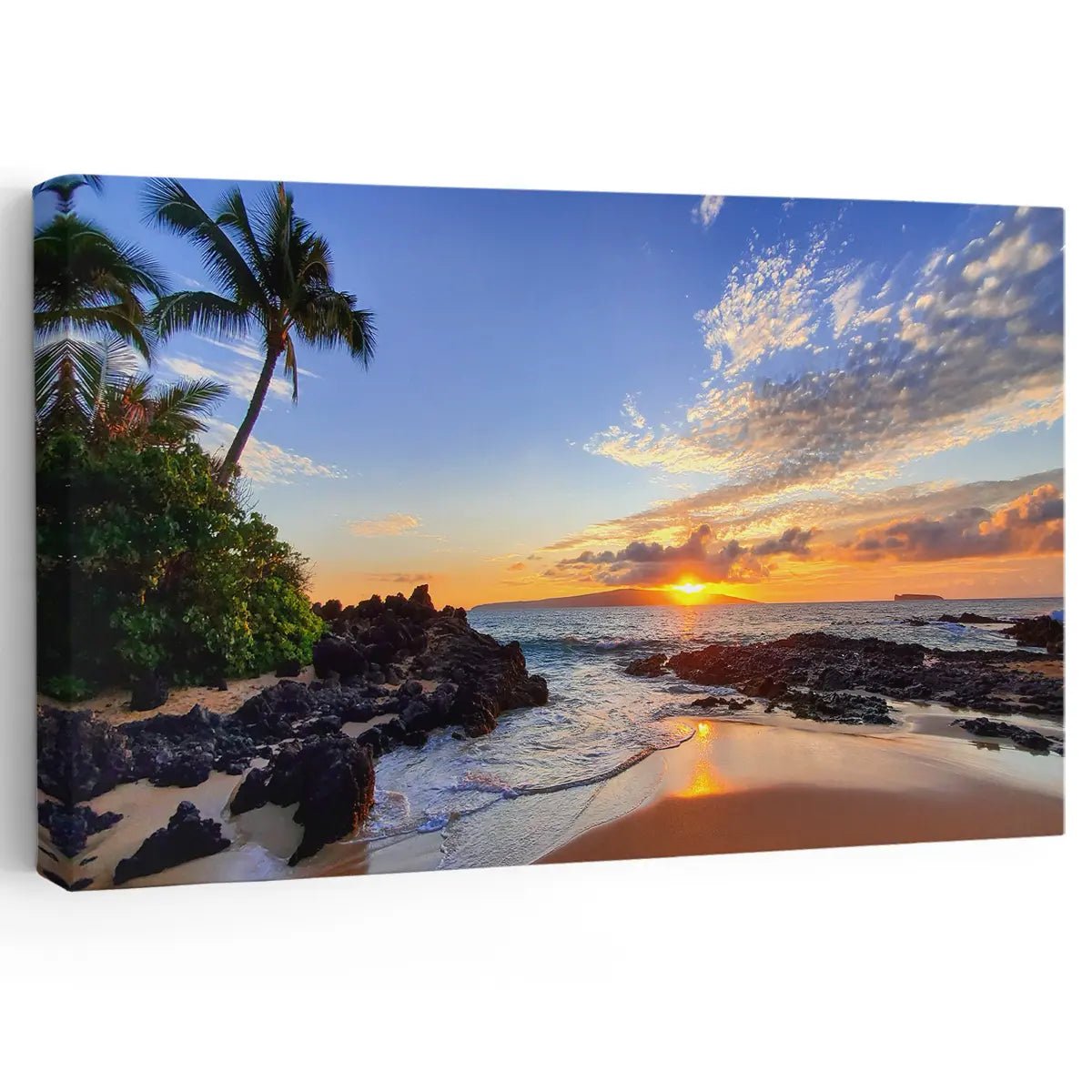 Sunset beach wall art featuring a tropical shoreline with palm trees and waves, perfect for tropical canvas wall art.