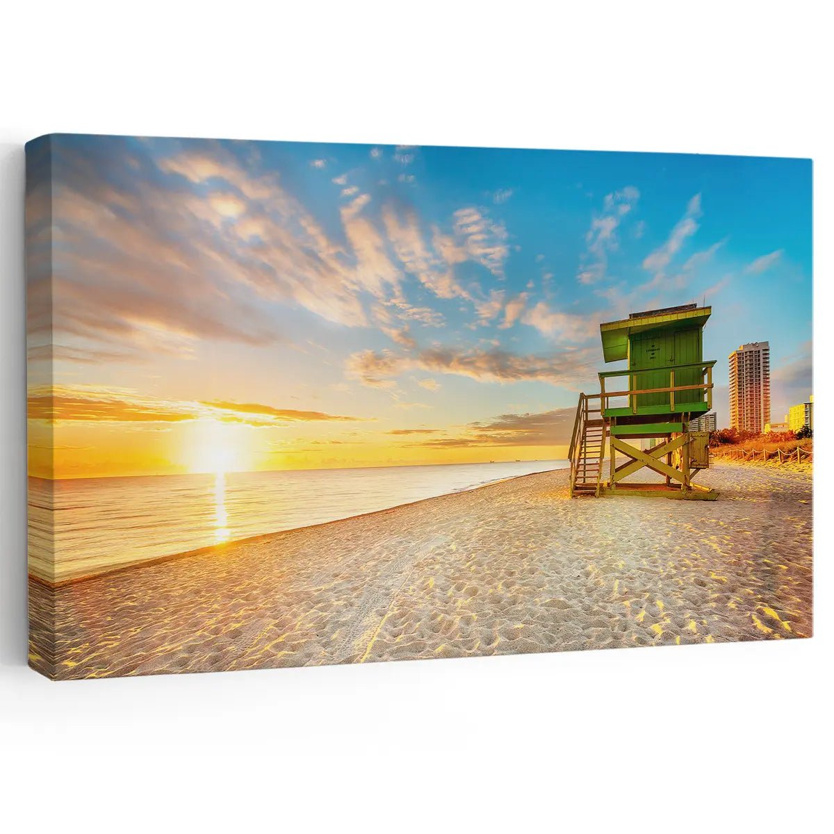 Beach sunrise wall art featuring a lifeguard tower on the shore at dawn.