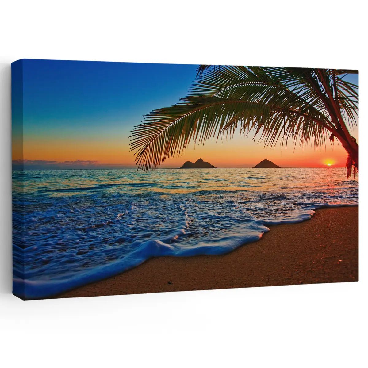 Tropical beach sunrise wall art with palm tree and ocean waves.