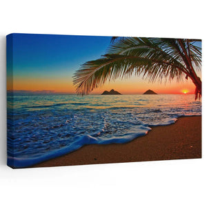 Tropical beach sunrise wall art with palm tree and ocean waves.