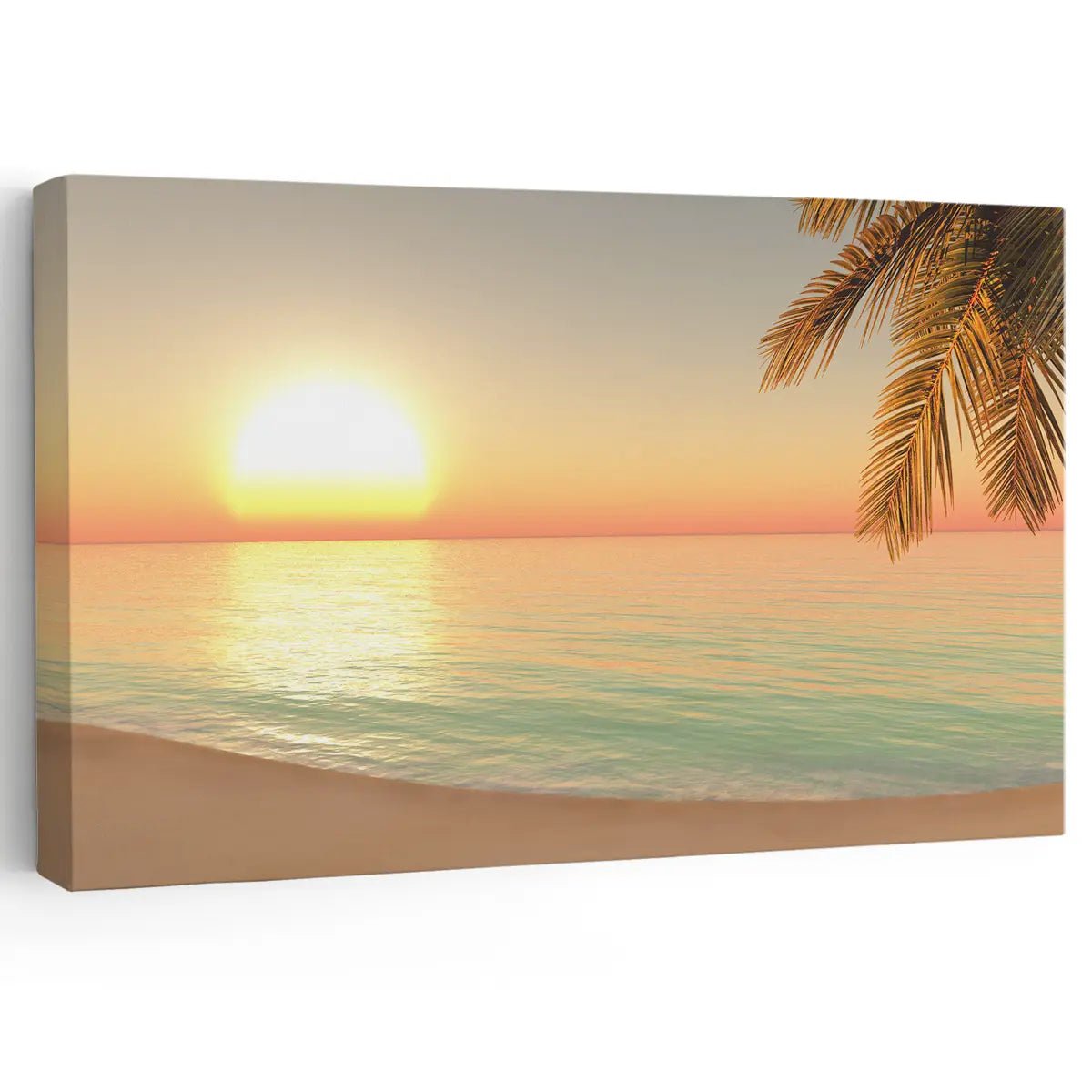 Beach sunrise wall art featuring a golden sun rising over a peaceful ocean.