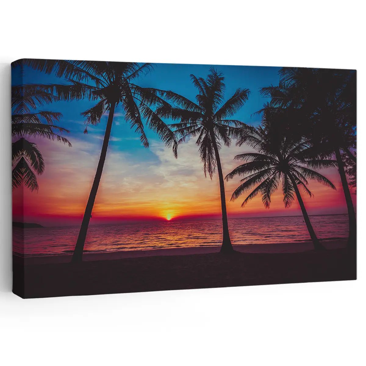 Beach sunset wall art with palm trees and ocean waves on canvas.