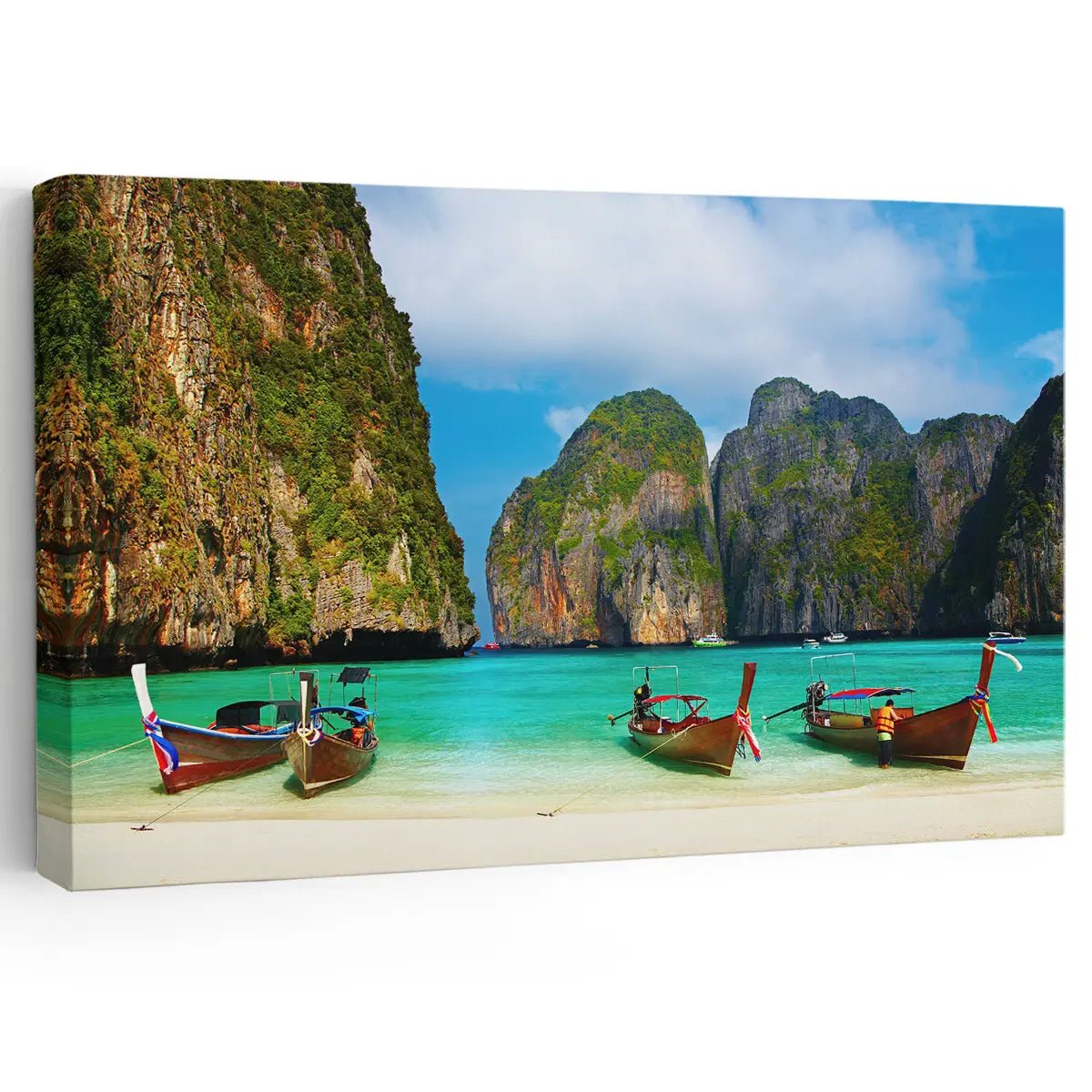 Beach canvas print featuring long-tail boats on the turquoise waters of Thailand.