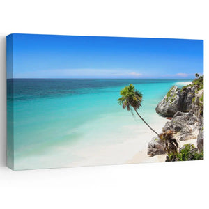 Beach wall canvas art showcasing the crystal-clear waters of Tulum Beach, Mexico.