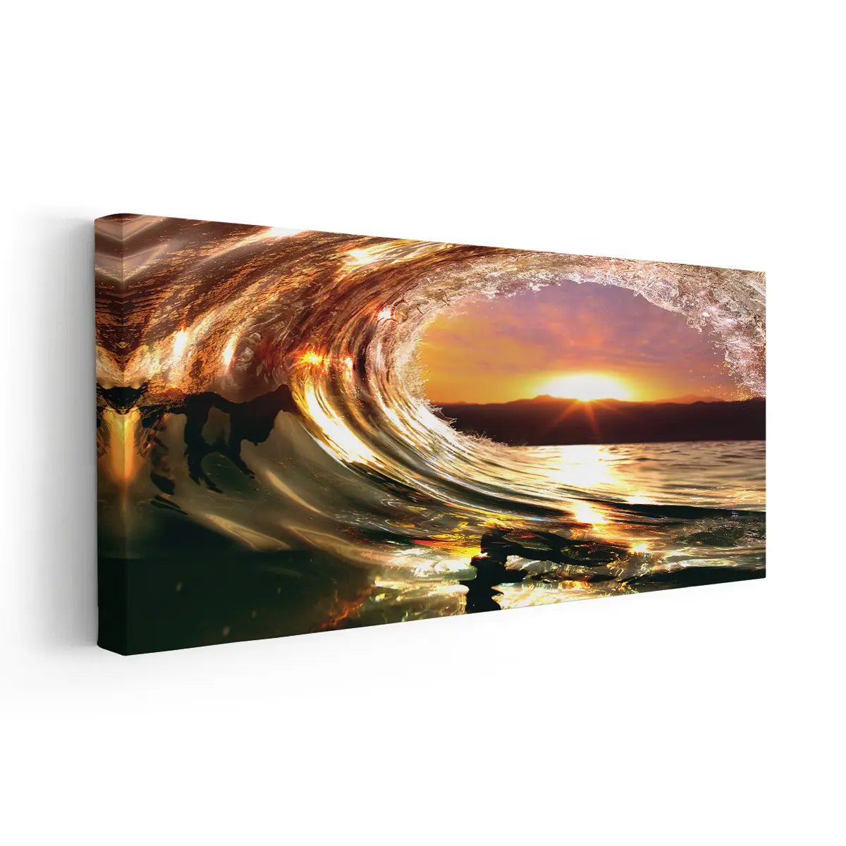 Framed ocean wall art with a serene sunset wave, ideal for coastal artwork prints in bedrooms or offices.