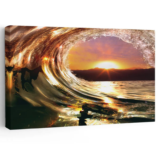 Large ocean wall art featuring a vibrant sunset wave scene, perfect for modern beach house wall decor.