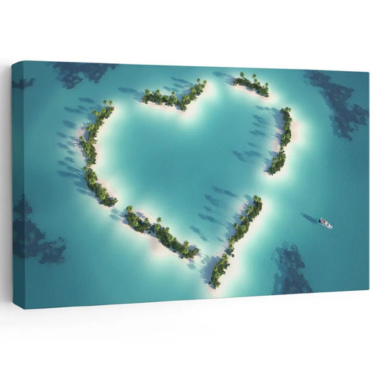 Tropical artwork on canvas featuring a stunning heart-shaped island surrounded by turquoise waters.