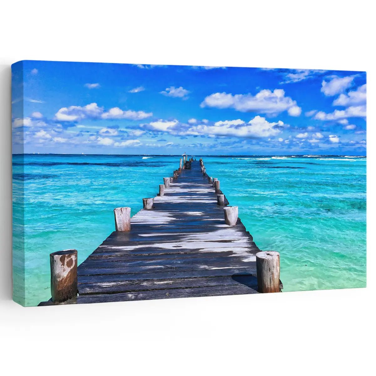 Large beach canvas wall art featuring a wooden dock extending into the ocean.