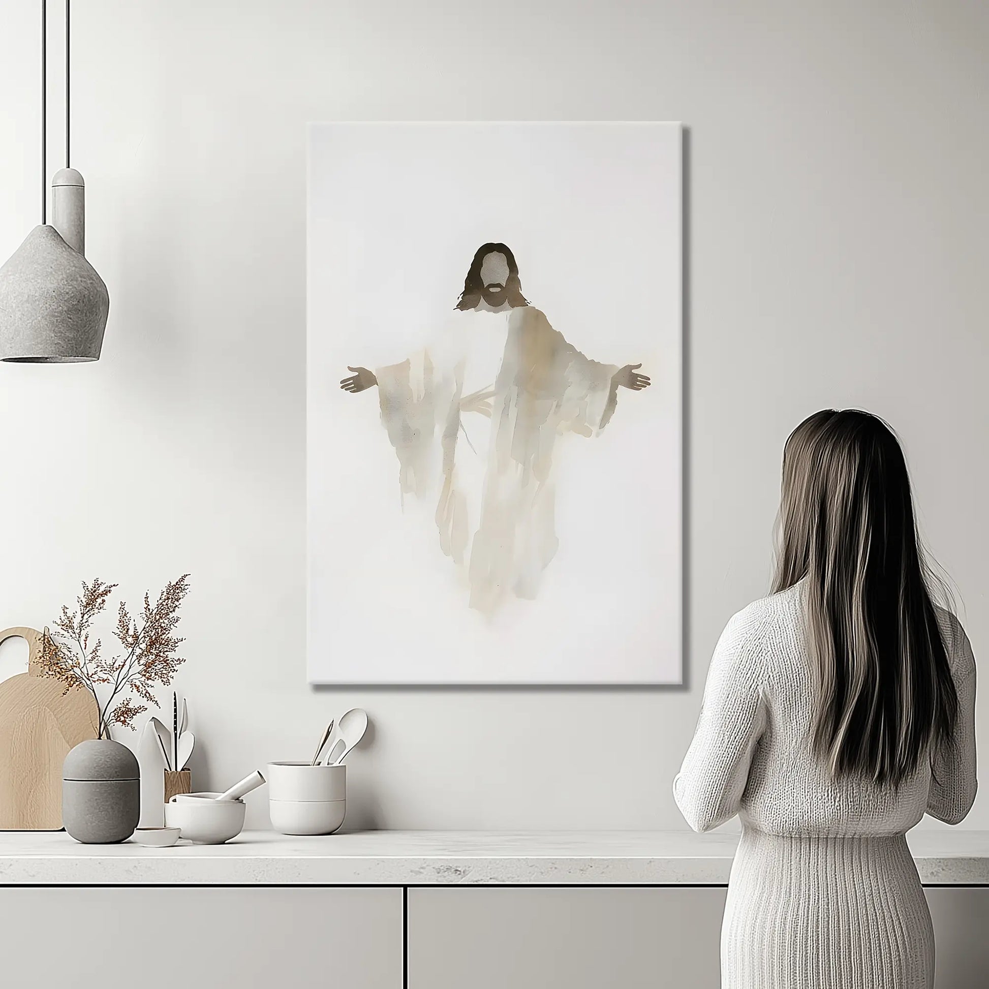 Christian art print of displayed watercolor Jesus in a kitchen, with a woman looking up in admiration, enhancing the space with inspiration and Christian kitchen decor.